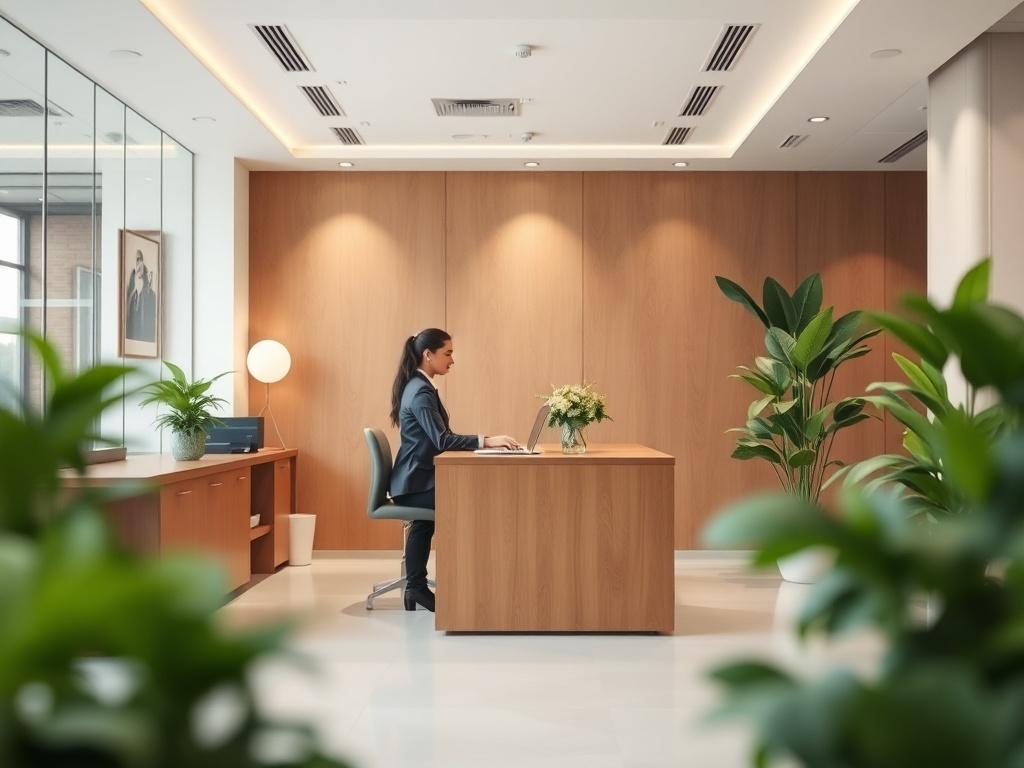 A serene banking office with soft lighting and a peaceful